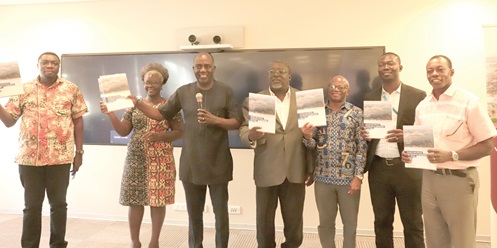 Prof. Kwasi Torpey (3rd from left), Dean, School of Public Health, University of Ghana, at the launch. With him are Prof. Mawuli Dzodzomenyo (3rd from right), Lead Author of the CHVA; Dr Emmanuel Tachie-Obeng (right), acting Director, Climate Chang Unit, Environmental Protection Agency, and other dignitaries. Picture: EDNA SALVO-KOTEY
