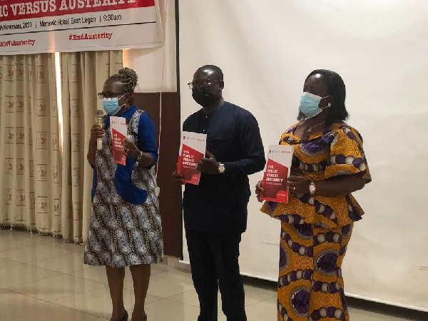 From left, Margaret Brew-Ward, Acting Head of Programmes, Pedi Anawi, Regional Coordinator, Education International, and Perpetual Ofori Ampofo, President of Ghana Nurses & Midwives Association launching the report