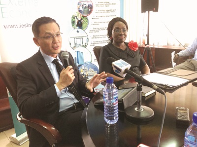  Mr Teo Eng Cheong (left), CEO, IE Singapore, and Mrs Mawuena Adzo Trebarh, CEO, GIPC, at the press briefing in Accra. Picture: Maxwell Adombila Akalaare