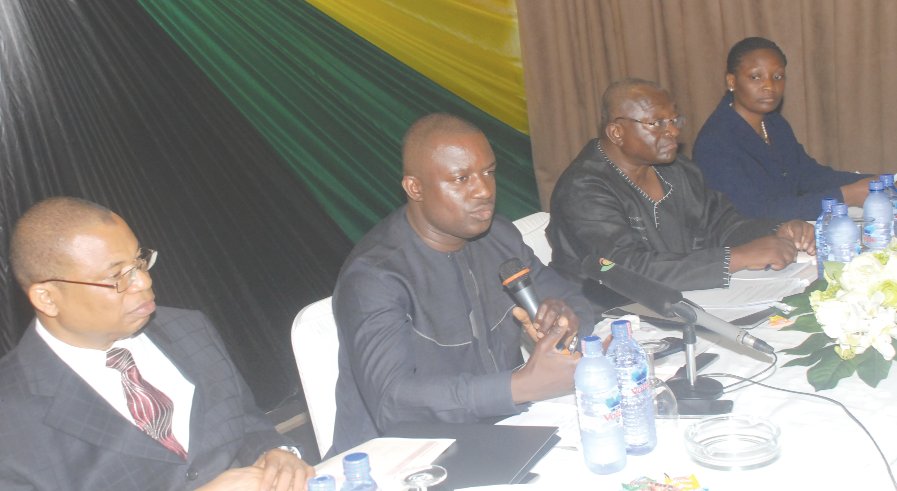 Mr Samuel Jinapor(2nd left), the deputy minister of Energy, addressing members of the GRIDCO Board at their annual general meeting in Accra. Those with him on the dais are Mr Emmanuel Appiah Korang (2nd right), Chairman of the GRIDCO Board, Mr Suraj Omoro(left), Director, Network Performance, and Mrs Monica Senanu, Board Secretary, both of GRIDCO. Picture: EMMNAUEL BAAH