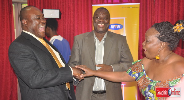 Mr. Michael Ikpoki, CEO of MTN Ghana; Mr. Ibrahim Awal and Dr. Doris Yaa Dartey, members of the panel of judges in a hearty chat moments after the launch of the programme. 