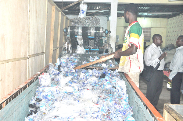  empty sachets beign cleaned for recycling at the Rafam Enterprise, another plant in Accra.