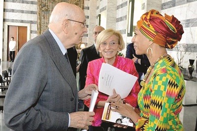 Samia Nkurmah interacting with Mr Giorgio Napolitano, President of the Republic of Italy,  and Hon. Emma Bonino, Italian Minister of Foreign Affairs.