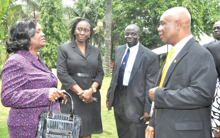 Her Ladyship Georgina Wood (left), the Chief Justice, interacting with Mrs Marrietta Brew Appiah-Opong (2nd left), Sir Justice Denis Adjei (2nd right) and Justice Dotse at the annual general meeting organised by the AMJG in Accra