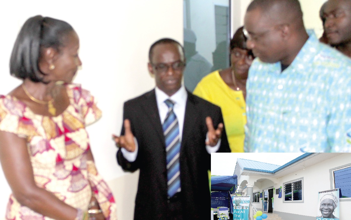 Dr Boateng Wiafe explaining a point to Ms Sherry Ayittey (left) and Mr Bedu Addo (right). INSET: The new eye care unit