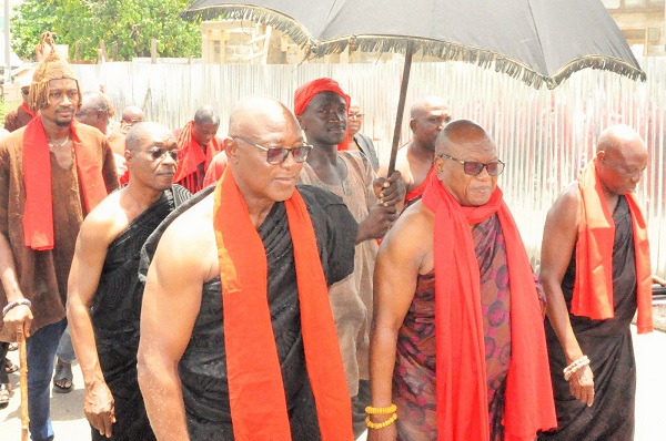 Togbe Adzie Lakle Howusu XII (front, middle), Awafiaga of Asogli, flanked by other chiefs, leading the protest march