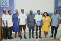 Mahama Adul-Bassit (3rd from right), member of the St Thomas Aquinas SHS debate team, holding the ultimate trophy. With him are Madam Harriet Tagoe (3rd from left), Managing Director, Afram Publications; Asare Konadu Yamoah (4th from right), Chairman of Ghana International Book Fair and President of the Ghana Publishers Association; Jason Nkunim Reindorf (4th from left), a member of the Aquinas debate team; Mary Gboloo-Teye (2nd from right), Head of Languages, Writers and Debaters Club, and other officials of AFRAM. Picture: ERNEST KODZI