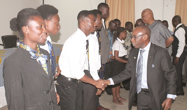 Mr Stephen Yeboah (front right), Chief Actuary of Social Security and National Insurance Trust (SSNIT), Prof Joshua Alabi (middle right), Vice Chancellor of University of Professional Studies (UPSA) exchanging pleasantries with BSc Actuarial Science students during the inauguration.  PICTURES: MAXWELL OCLOO