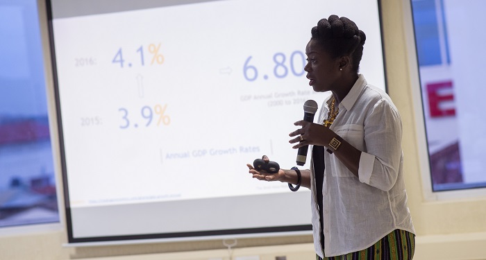 Lucy Quist addresses young entrepreneurs at The Bold New Normal event held at Workshed