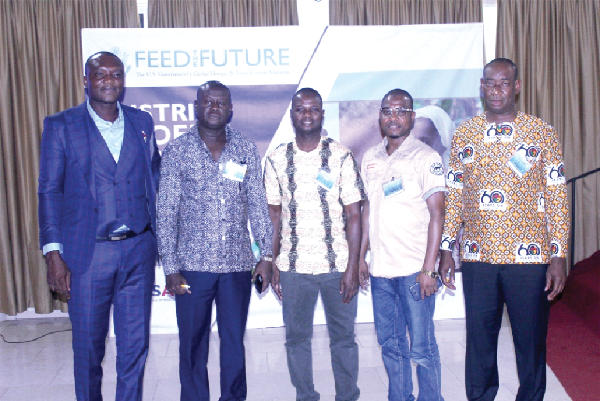 (From Left to right): Lawal Tamimu (DCE- Sawla-Tuna-Kalba), Mohammed Tamimu (DCE- East Gonja), Habib Shahadu (Northern Regional Planning Coordinating Unit), Adam Eliasu (DCE- North Gonja) and Emmanuel Tatablata (DCE-Kpandai) are some of the DCEs that participated in the Feed the Future Ghana District Profile Series report workshop in Tamale.