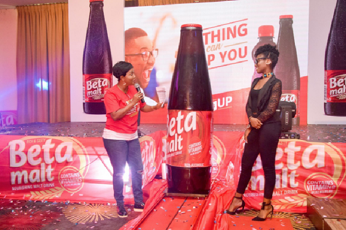 Nana Ama McBrown (left) in a conversation with Mz Vee, Beta Malt's Brand  Ambassador during the launch