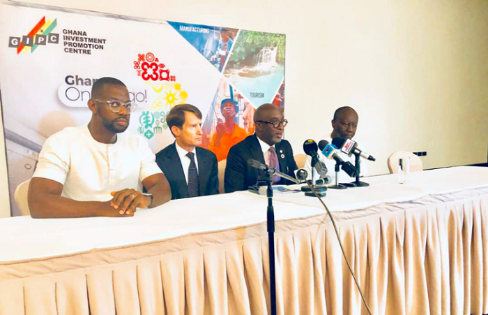  Mr Yofi Grant (2nd right) with Mr Ken Ofori-Atta (right), Minister of Finance, Dr Charles Marks (2nd left), CEO of MUFG, and Nana Yankah Gyesie of the DWM Group during the media briefing