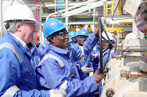 Prof. John Evans Atta Mills welcoming the first oil in December 2010 from the first independent field, Jubilee