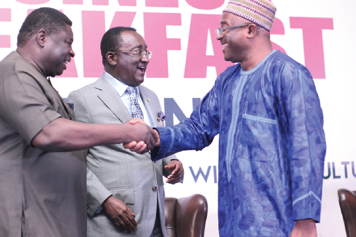 Dr Owusu Afriyie Akoto (middle), Minister of Food and Agriculture, Dr Yakubu Alhassan (right), a former Deputy Minister of Food and Agriculture and Dr Abu Forster Sakara, an agriculture expert, interacting after the programme