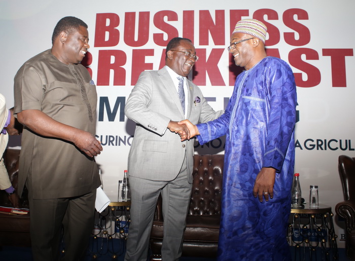 Dr Owusu Afriyie Akoto (middle), the Minister of Food and Agriculture, interacting with  Dr Alhassan Yakubu (right), a former Deputy Minister of Food and Agriculture, at the Graphic Stanbic breakfast meeting in Accra. Looking on is Dr Abu Forster  Sakara, an agriculture expert.