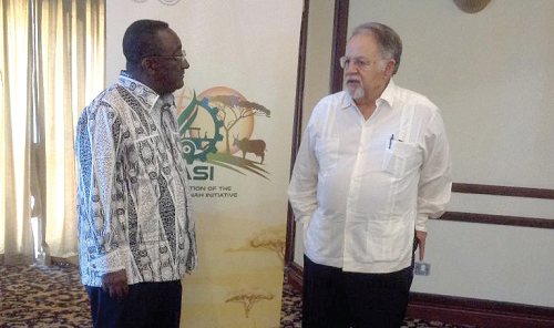 Dr Owusu Afriyie Akoto with Prof. Pedro A. Sanchez at the technical consultative meeting in Accra