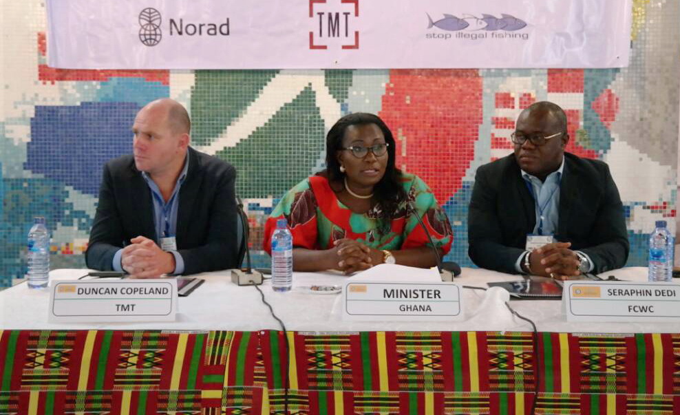 (L-R) Duncan Copeland, Head of Technical Team; Mrs Elizabeth Quaye, Minister for Fisheries and Aquaculture  (middle) delivering her speech, Mr Seraphin Dedi, General Sectary of  FCWC