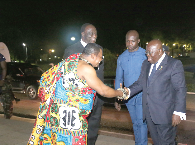  Nana Dankawoso II (left), President, Ghana Chamber of Commerce, welcoming President Akufo-Addo to the function. With them is Mr Alan Kyerematen (right), Minister of Trade and Industry. Picture: SAMUEL TEI ADANO