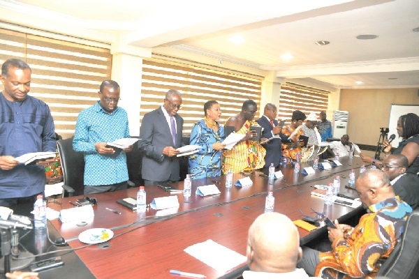 Mrs Anita Lokko (arrowed), Legal Director of the Ministry of Energy inaugurating the Volta River Authority board