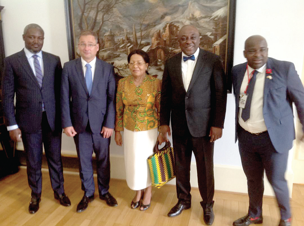 • Mr Carlos Ahenkorah (2nd right) with Mr Perry Okudzeto (left), a Deputy Minister of Information and Mr Michael Baafi (right), Exec. Sec of GFZB and others