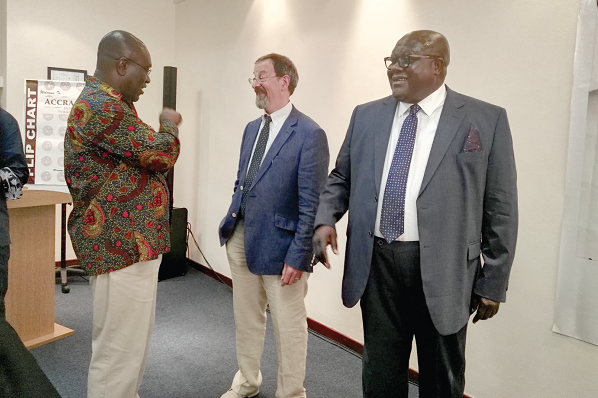  From left: Dr Anthony Yaw Baah, the Secretary General of TUC, Mr Denis Gregory, Industrial Relations Expert and Mr Samuel Adetola, the CEO of the Capital Group, interacting after the meeting