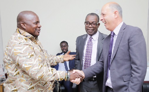 Mr Ransford Tetteh (left), the acting MD, GCGL, interacting with Mr Ian Marshall (right), the Head of International Relations, CIM, and Dr George E. Gyamfi-Osew, President, CIM Ghana, after the visit. Picture: EMMANUEL ASAMOAH ADDAI