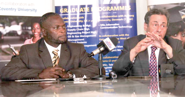 Prof. Isaac Blankson, Vice President, GTUC, and Dr David Pilsbury, Deputy Vice Chancellor, Coventry University, at the media interraction in Accra.jpg