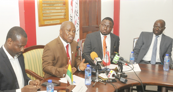 From left: Mr James Asare-Adjei, immediate past President, AGI, Dr Yaw Adu Gyamfi, President, AGI, Mr Humphrey Ayim-Darke, Vice President in charge of SME, and Mr Kofi Nsiah-Poku, Executive Chairman, HealthiLife Beverages, at the press conference on February 1. 