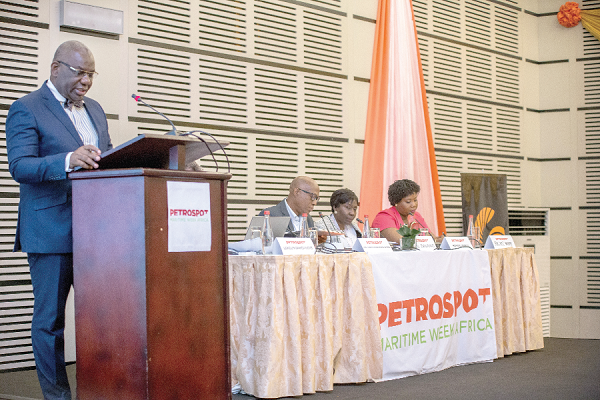 Mr Boakye Kyeremateng Agyarko (left) delivering his keynote address to officially opened the Petrospot Maritime Week Africa conference 