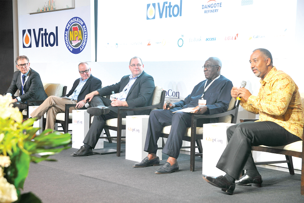 Mr Alex Mould (right), a former Chief Executive Officer (CEO) of the Ghana National Petroleum Corporation (GNPC), making a contribution during the discussion