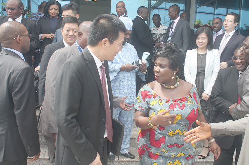 Mrs Cecilia Abena Dapaah (2nd left), Minister of Aviation, conferring with Mr Jiang Zhouteng (3rd left), Acting Ambassador of China to Ghana. Back to camera is Mr Shi Yanfeng, Managing Director of Civil Aircraft and Sales at Avic International Areo-Development Corporation. 