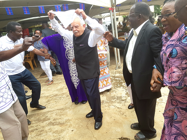  The Chairman of the Melcom Group of Companies, Mr Bhagwan Khubchandani, in a dance with some senior citizens during the event. Picture: EDNA ADU-SERWAA