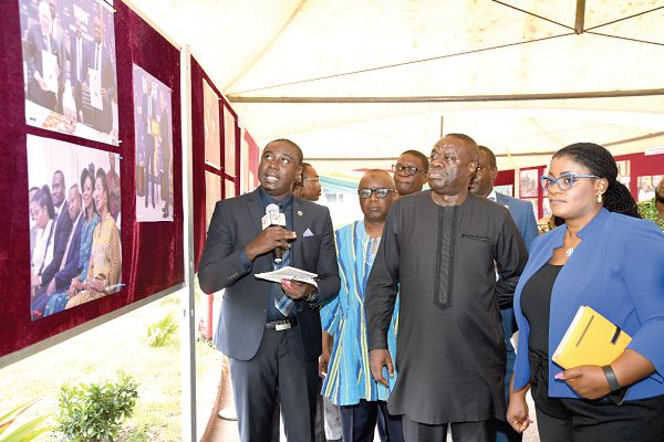 Mr Franklin Owusu-Karikari (left), Director of Business Support (NEIP), conducting Dr Ibrahim Mohammed Awal, the Minister of Business Development, round an exhibition which was mounted as part of the Meet-the-Press series by the ministry. Among them is Nana Ama Dokua Asiamah Adjei (right), a Deputy Minister of Information. Picture: EBOW HANSON