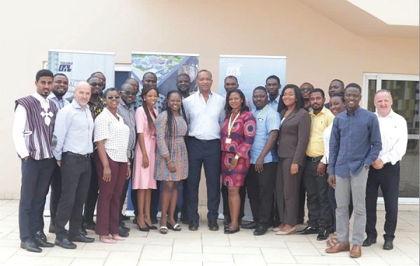 Mr Kweku Awotwi (arrowed), Executive Vice-President, Tullow Ghana, with participants in the media training in Accra  