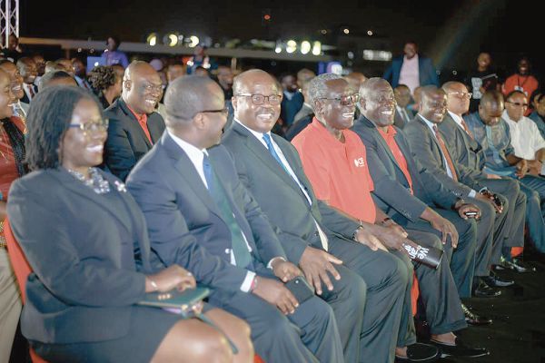  Dr Ernest Addison (3rd left), Mr Dan Wilson Addo (5th left), and other dignitaries of the BoG and the banking fraternity at the meeting