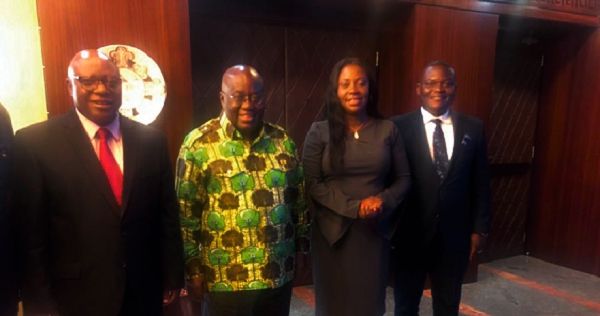 President Nana Addo Dankwa Akufo-Addo (2nd left), Dr Kobina Quansah (left), Board Chairman of Vodafone Ghana, Ms Patricia Obo-Nai (2nd right), CEO, Vodafone Ghana, and Mr Gayheart Mensah (right) after the meeting 