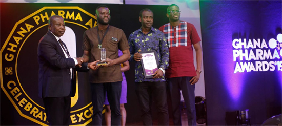 Mr. Yaw Bediako Sampong (General Manager, Operations), Mr. Ebenezer Sasu Bediako (Head of Distribution) & Mr. Samuel Twumasi (Brand Manager) – receiving an award on behalf of Ernest Chemists Limited