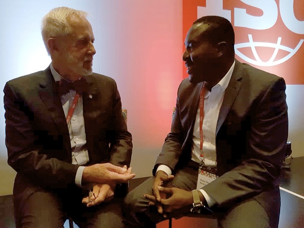 Mr John Walter, President of ISO, speaking to   Kester Aburam Korankye in an interview at the 42nd ISO General Assembly in Cape Town