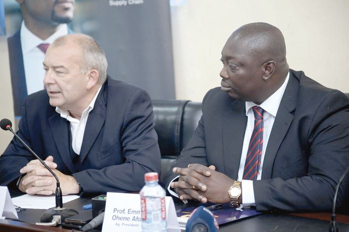 Prof. John Latham (left), Vice-Chancellor, Coventry University, and Prof. Emmanuel Ohene Afoakwa, acting President, Ghana Technology University College, addressing the press in Accra