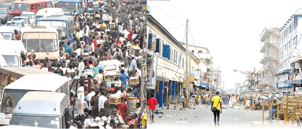 The brisk business in Accra (pictured left) has given way to empty streets, raising fears that the impact will be a contraction in GDP growth