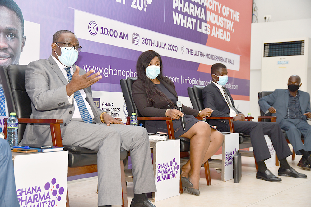 Mr Benjamin Botwe (left) President of Pharmaceutical Society of Ghana delivering his address at the Ghana Pharma Summit 20. With him are Ms Lucia Addai (2nd left) Executive Secretary of the Pharmaceutical Manufacturers Association of Ghana, Dr Raymond Tetteh (2nd right) Consultant Pharmacist, University of Ghana and Dr Alfred Appiah (right) Deputy Executive Director, Center for Plant Medicine.