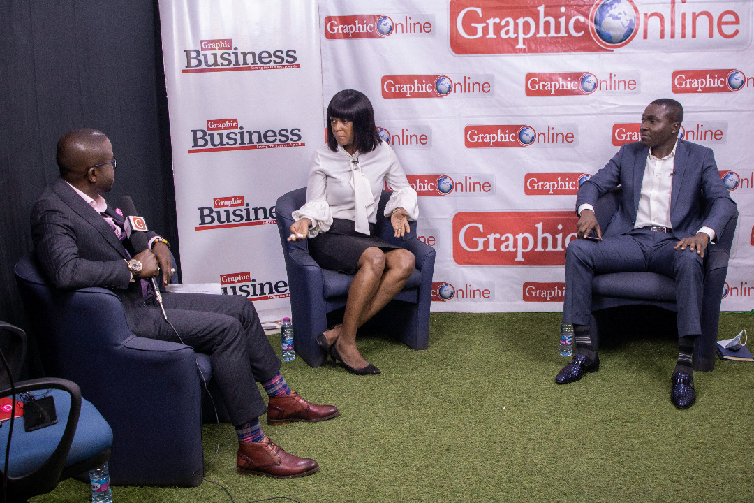 Mr Charles Benoni Okine (left), Mrs Dzifa Vanderpuye and Dr Jeff Bassey at the live virtual programme “GraphicTalks”,by the Graphic Business