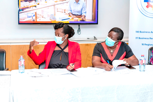 Mrs Kosi Yankey-Ayeh (left), CEO, GEA explaining a point at the inauguration. With her is Mrs Anna Amo-Himbson (right), Deputy CEO, GEA at the inauguration of the committee