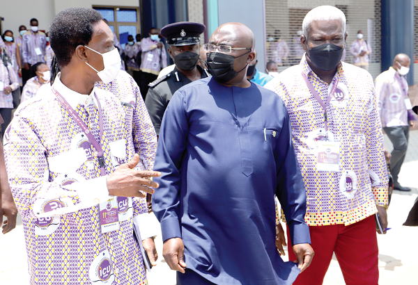  Vice-President Dr Mahamudu Bawumia (middle) interacting with  Mr Morgan Ayawine  (left), Deputy Secretary-General of the ICU, and Rev Solomon Kotei (right), General Secretary, ICU. Picture: SAMUEL TEI ADANO