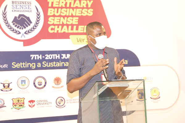  Mr Franklin Sowa (left), Director, Marketing and Sales, Graphic Communications Group Limited, addressing participants in the launch of the Tertiary Business Sense Challenge 3. Picture: EDNA SALVO-KOTEY