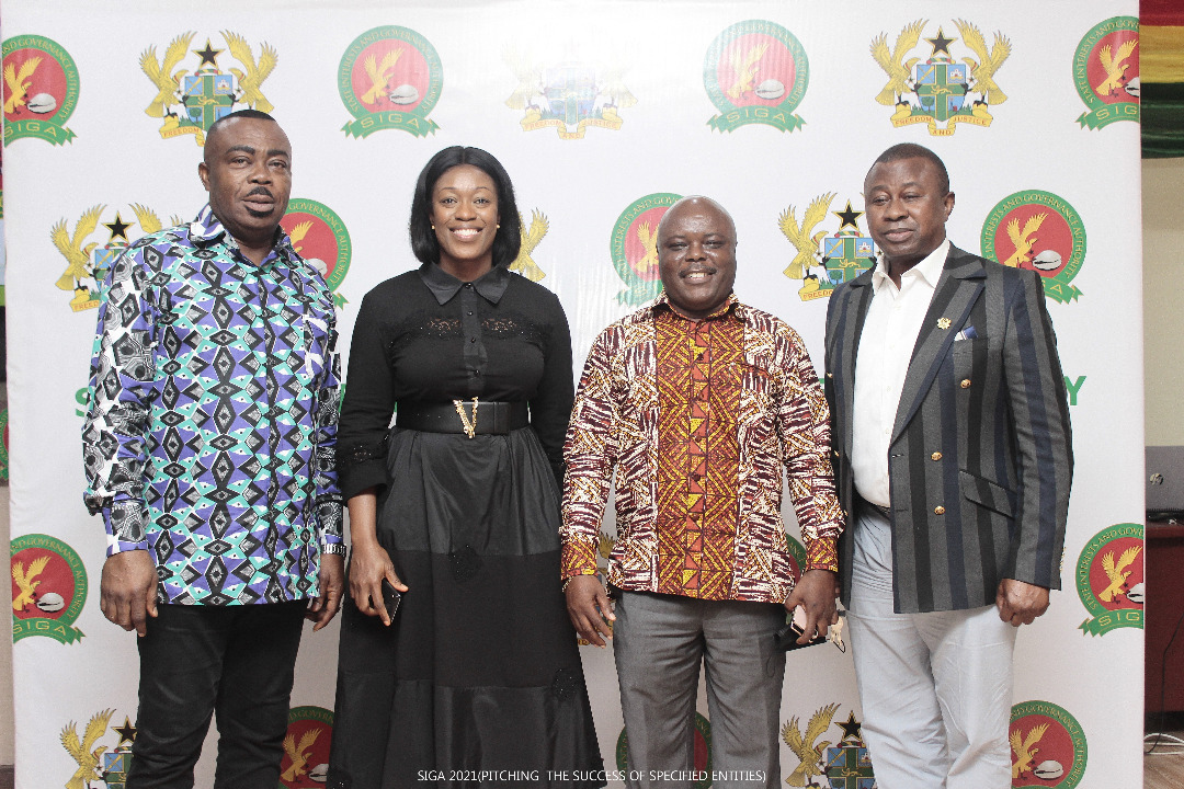 Mr Stephen Asamoah-Boateng, Director-General of SIGA (left), Ms Hollister Duah Yentumi, General Manager, Operations at SIGA (2nd left), Mr Joseph Cudjoe, Minister of Public Enterprises (2nd right) and Mr Andrews Frimpong, General Manager Admin& Finance at SIGA at the media engagement