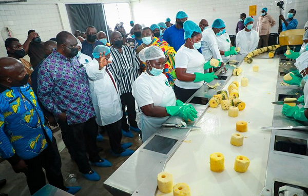 Mr Albert Anti Owusu (3rd left), MD of Nano Foods, briefing Vice-President Dr Mahamudu Bawumia (in smoke) and Mr Alan Kyerematen (2nd left), Minister of Trade and Industry, on the operations of the company.