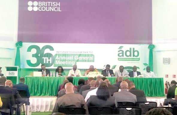 Alhassan Yakubu-Tali (3rd from left), MD, ADB, Daasebre Akuamoah Agyapong II (4th from left), Board Chairman, ADB; and some board of director at the 36th annual general meeting