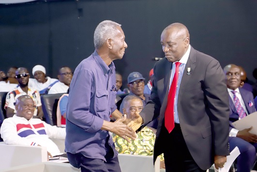 Kwame Pianim (left), a founding member of the NPP, congratulating Kwabena Agyei Agyepong, flag bearer hopeful, after the launch. Picture: SAMUEL TEI ADANO