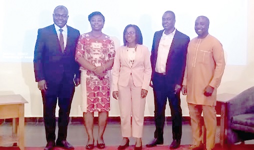 Prof. Alex Dodoo (left), Director-General, GSA; Prof. Marian Asantewah Nkansah (2nd from left), an Associate Professor; Prof. Marian Quain (middle), Deputy Director-General, CSIR; Seth K. Seaneke (2nd from right), Deputy CEO, FDA, and Derrydean Dadzie, CEO, Heritors Labs, after the workshop